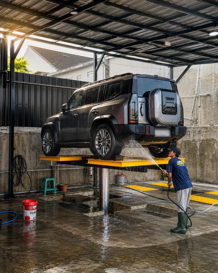 SUV dicuci menggunakan lift hidrolik Bella Carwash