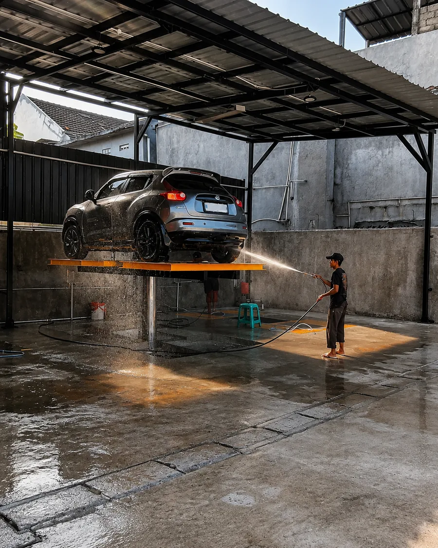 Pencucian kendaraan menggunakan lift hidrolik
