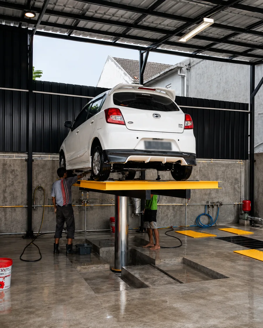 Mobil diangkat untuk proses pencucian menyeluruh