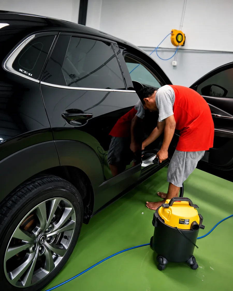 Pembersihan interior kendaraan dengan vacuum