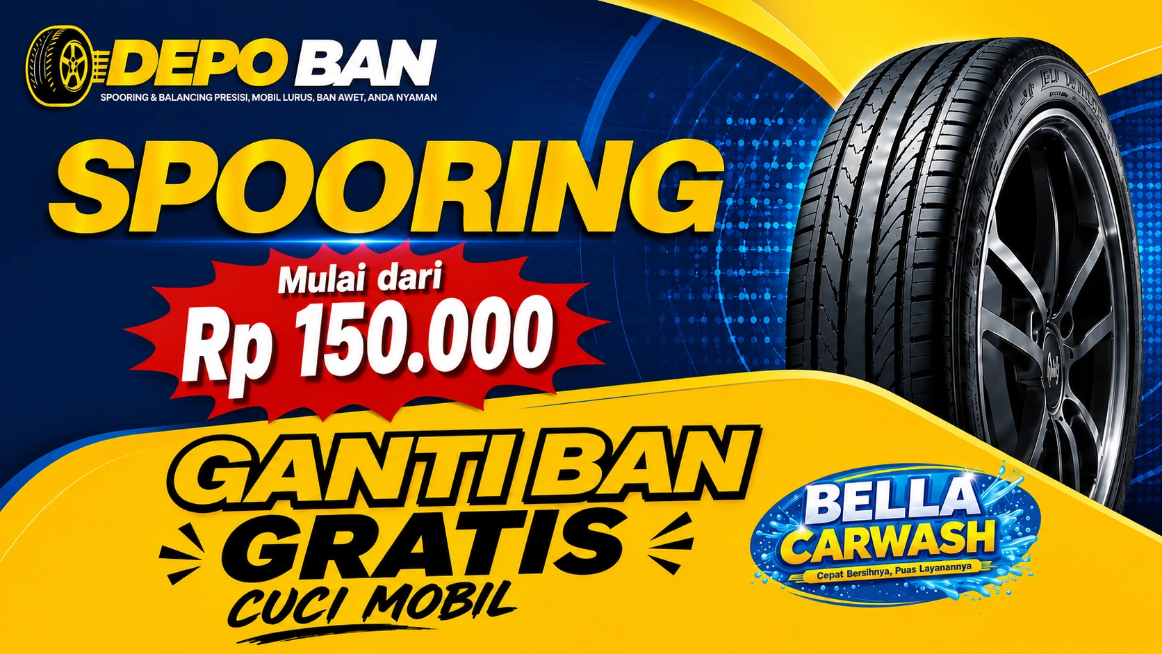 Promo spooring mulai Rp150.000 dan ganti ban gratis cuci mobil Bella Carwash