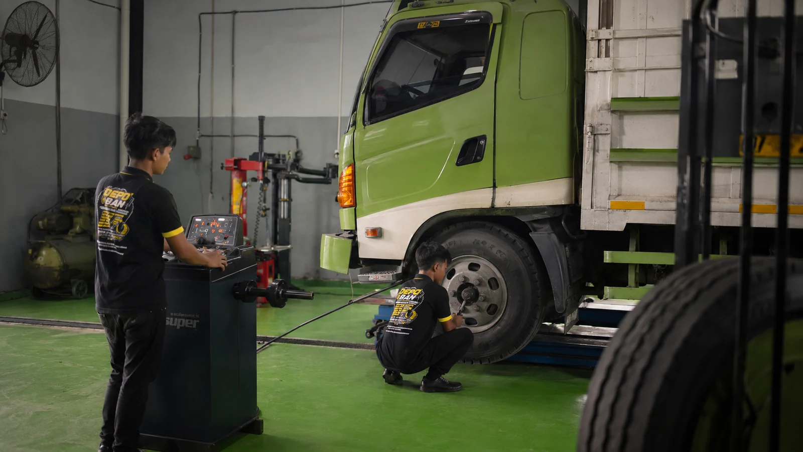 Proses Layanan Ban Truk di area workshop Depo Ban