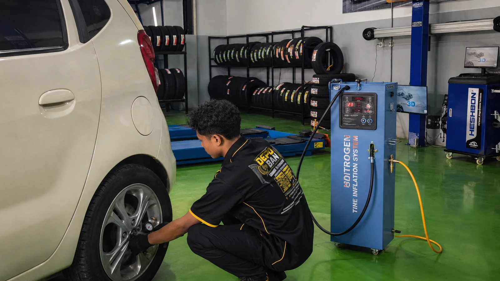 Proses Ban & Velg di area workshop Depo Ban
